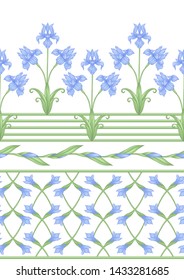 Iris flower, fleur-de-lis. Seamless pattern, background. Colored vector illustration. In art nouveau style, vintage, old, retro style. In blue and green colors. Isolated on white background.	