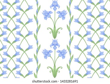 Iris flower, fleur-de-lis. Seamless pattern, background. Colored vector illustration. In art nouveau style, vintage, old, retro style. In blue and green colors. Isolated on white background.	