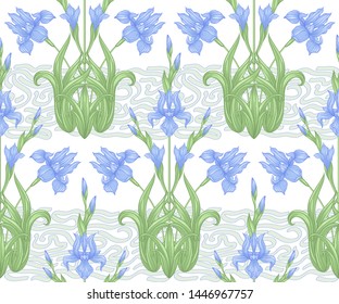 Iris flower, fleur-de-lis. Seamless pattern, background. Colored vector illustration. In art nouveau style, vintage, old, retro style. In blue and green colors. Isolated on white background.	