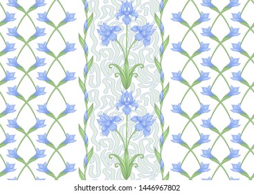 Iris flower, fleur-de-lis. Seamless pattern, background. Colored vector illustration. In art nouveau style, vintage, old, retro style. In blue and green colors. Isolated on white background.	