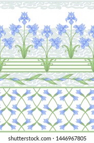 Iris flower, fleur-de-lis. Seamless pattern, background. Colored vector illustration. In art nouveau style, vintage, old, retro style. In blue and green colors. Isolated on white background.	