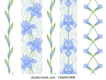 Iris flower, fleur-de-lis. Seamless pattern, background. Colored vector illustration. In art nouveau style, vintage, old, retro style. In blue and green colors. Isolated on white background.	