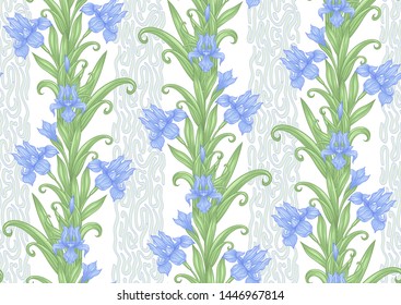 Iris flower, fleur-de-lis. Seamless pattern, background. Colored vector illustration. In art nouveau style, vintage, old, retro style. In blue and green colors. Isolated on white background.	