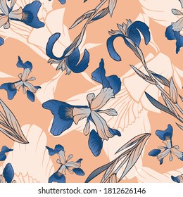 Iris flower. Garden and meadow flower. Seamless vector pattern with flowers. Hand drawing.