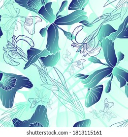 Iris flower. Garden and meadow flower. Seamless vector pattern with flowers. Hand drawing.