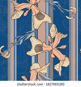Iris flower. Garden and meadow flower. Seamless vector pattern with flowers, lines and geometry. Hand drawing.