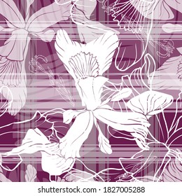 Iris flower. Garden and meadow flower. Seamless vector pattern with flowers, lines and geometry. Hand drawing.