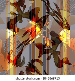 Iris flower. Garden and meadow flower. Seamless vector pattern with flowers, lines and geometry. Hand drawing.