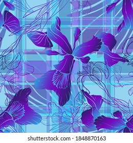 Iris flower. Garden and meadow flower. Seamless vector pattern with flowers, lines and geometry. Hand drawing.