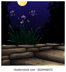 An iris flower illuminated by the moon. Vector illustration