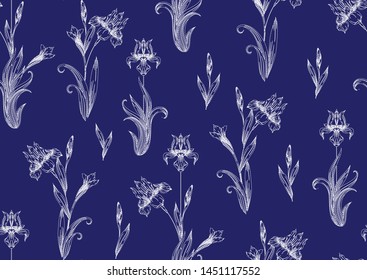 Iris flower. Imitation of traditional Japanese embroidery Sashiko. Spring flowers. Seamless pattern, background. Vector illustration. On navy blue background.	