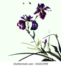 Iris flower and insects, watercolor, ink, oriental traditional painting, vector. 