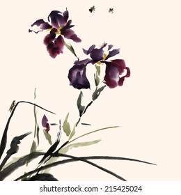 Iris flower and insects, watercolor, ink, oriental traditional painting.