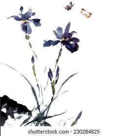 Iris flower and insects, watercolor, ink, oriental traditional painting, vector. 