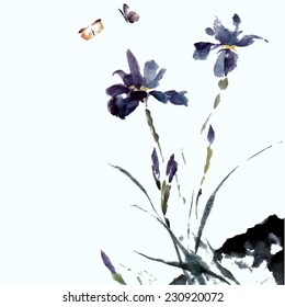 Iris flower and insects, watercolor, ink, oriental traditional painting, vector. 