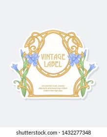 Iris flower. Label, frame, border. Good for product label. with place for text. Vector illustration. In art nouveau style, vintage, old, retro style. Isolated on white.	