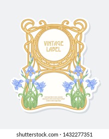 Iris flower. Label, frame, border. Good for product label. with place for text. Vector illustration. In art nouveau style, vintage, old, retro style. Isolated on white.	