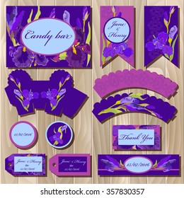 Iris flower and lace set of printable backgrounds to celebrate the party, birthday and wedding. Violet purple iris flower bouquet background. Save date, thank you text. Candy bar packaging design.