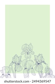 Iris flower, leaves card template outline hand drawn botanical illustration, floral design element line art style, graphic clipart for invitation, card, wedding decor, February birth month flower