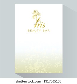 Iris flower logo in the style of engraving.  Beauty logo.  Beauty Bar. Vector Brochure flyer design template. Romantic design for natural cosmetics, perfume, women products.