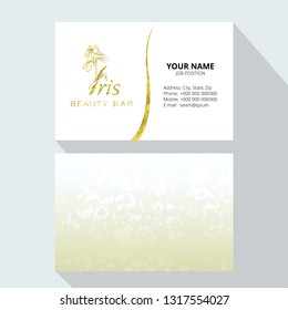 Iris flower logo in the style of engraving. Beauty logo.  Beauty Bar. Vector business cards design template. Romantic design for natural cosmetics, perfume, women products.