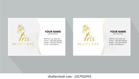  Iris flower logo in the style of engraving. Beauty logo.  Beauty Bar. Vector business cards design template. Romantic design for natural cosmetics, perfume, women products.