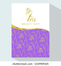 Iris flower logo in the style of engraving.  Beauty logo.  Beauty Bar. Vector Brochure flyer design template. Romantic design for natural cosmetics, perfume, women products.
