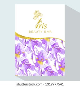 Iris flower logo in the style of engraving.  Beauty logo.  Beauty Bar. Vector Brochure flyer design template. Romantic design for natural cosmetics, perfume, women products.