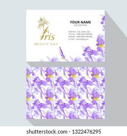  Iris flower logo in the style of engraving. Beauty logo.  Beauty Bar. Vector business cards design template. Romantic design for natural cosmetics, perfume, women products.