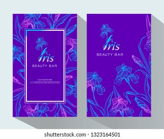 Iris flower logo in the style of engraving.  Beauty logo.  Beauty Bar. Vector Brochure flyer design template. Romantic design for natural cosmetics, perfume, women products.