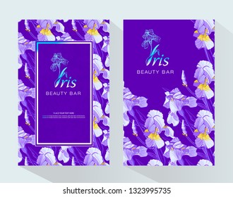 Iris flower logo in the style of engraving.  Beauty logo. Beauty Bar. Vector Brochure flyer design template. Romantic design for natural cosmetics, perfume, women products.