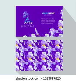  Iris flower logo in the style of engraving. Beauty logo.  Beauty Bar. Vector business cards design template. Romantic design for natural cosmetics, perfume, women products.