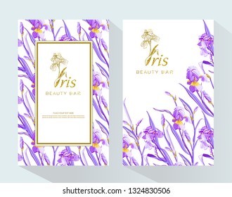 Iris flower logo in the style of engraving. Beauty logo.  Beauty Bar. Vector Brochure flyer design template. Romantic design for natural cosmetics, perfume, women products.