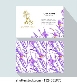Iris flower logo in the style of engraving. Beauty logo.  Beauty Bar. Vector business cards design template. Romantic design for natural cosmetics, perfume, women products.