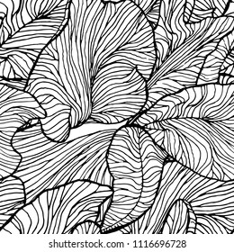 Iris flower petals seamless pattern. Black and white line-art.