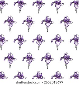 Flor de íris Padrão sem costura Mão desenhado vetor linha arte, Preto e roxo Flor isolado em branco. Design bonito para têxteis, papel de parede, papel de embrulho e fundos