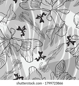 Iris flower. Seamless vector pattern with flowers. Hand drawing.