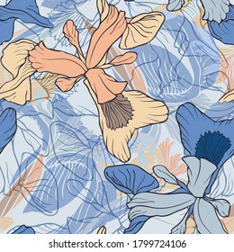 Iris flower. Seamless vector pattern with flowers. Hand drawing.