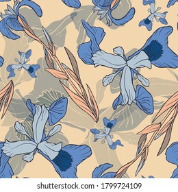 Iris flower. Seamless vector pattern with flowers. Hand drawing.