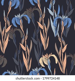 Iris flower. Seamless vector pattern with flowers. Hand drawing.