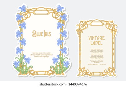 Iris flower. Set of 2 labels, decorative frames, borders. Good for product label. with place for text. Vector illustration. In art nouveau style, vintage, old, retro style. Isolated on white.	