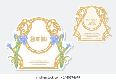 Iris flower. Set of 2 labels, decorative frames, borders. Good for product label. with place for text. Vector illustration. In art nouveau style, vintage, old, retro style. Isolated on white.	