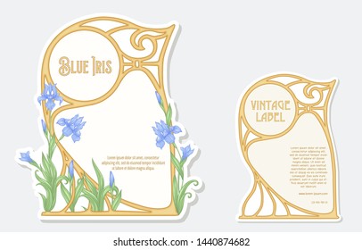 Iris flower. Set of 2 labels, decorative frames, borders. Good for product label. with place for text. Vector illustration. In art nouveau style, vintage, old, retro style. Isolated on white.	