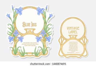 Iris flower. Set of 2 labels, decorative frames, borders. Good for product label. with place for text. Vector illustration. In art nouveau style, vintage, old, retro style. Isolated on white.	