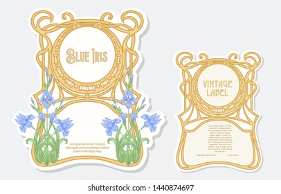 Iris flower. Set of 2 labels, decorative frames, borders. Good for product label. with place for text. Vector illustration. In art nouveau style, vintage, old, retro style. Isolated on white.	