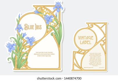 Iris flower. Set of 2 labels, decorative frames, borders. Good for product label. with place for text. Vector illustration. In art nouveau style, vintage, old, retro style. Isolated on white.	