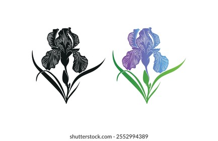 Silhueta de flor de íris e contorno de coloração para projetos de arte criativa