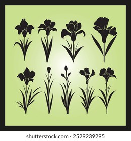 Iris flower silhouette set Clipart on a hex color background