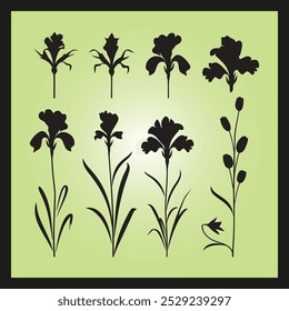 Iris flower silhouette set Clipart on a hex color background