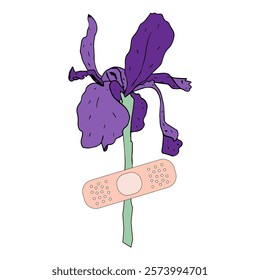 Iris flower under bandaid plaster, isolated on white background. Mental self care conceptual design.